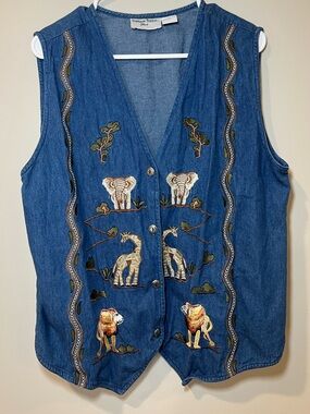Vintage Stephanie Thomas Denim Vest with Embroidered Safari Animal